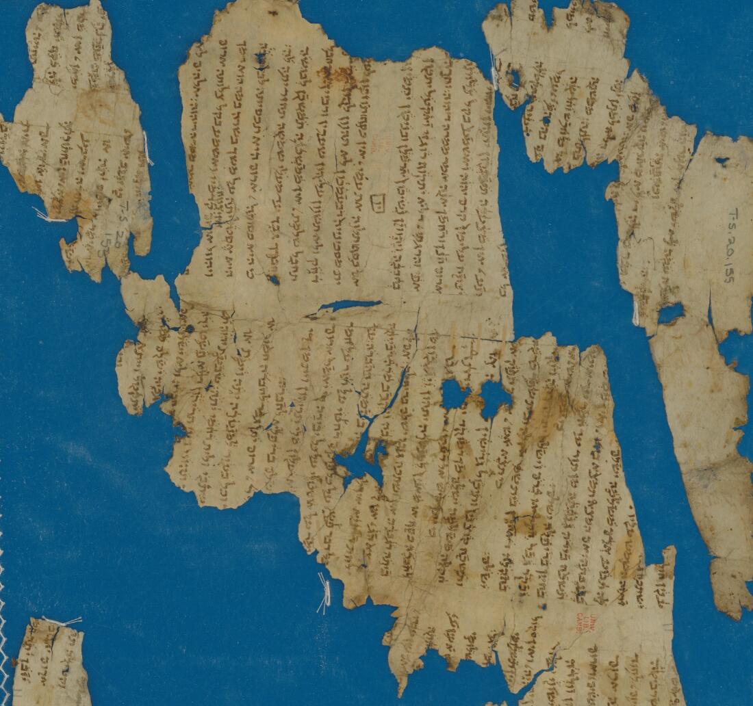 Several detached manuscript fragments arranged together, their torn edges nearly matching.